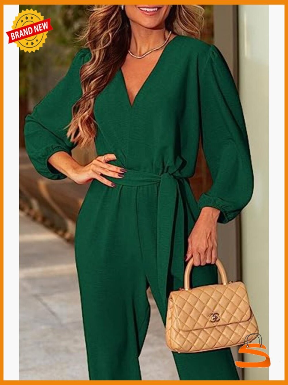 Long Sleeve V Neck Belt Pocket Jumpsuit Romper One Piece Outfit - Picture 2 of 7